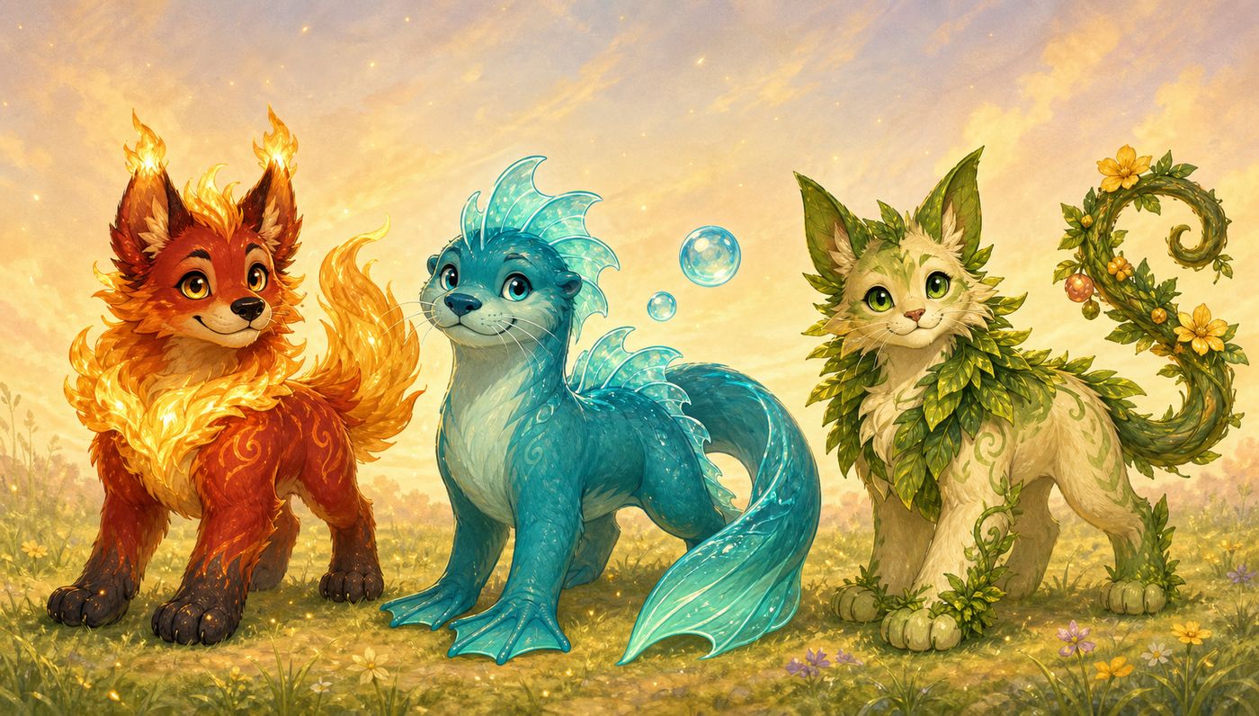 The three wildfriend companions — Emberpup, Dewtail, and Sprigling — growing through their stages